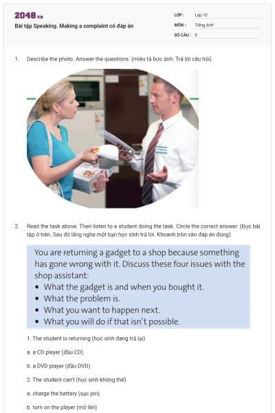Bài tập Speaking. Making a complaint có đáp án