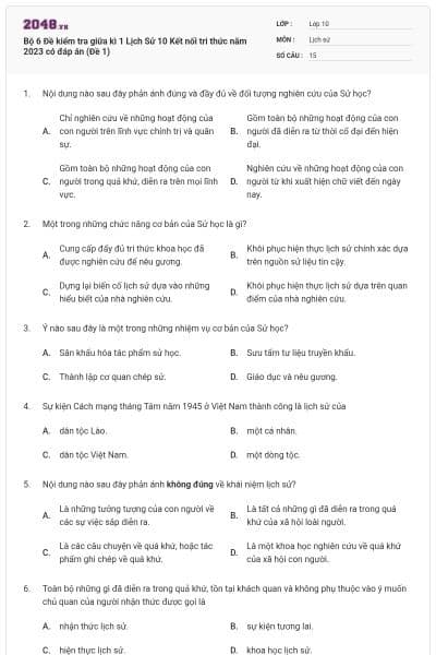 Bộ 6 Đề kiểm tra giữa kì 1 Lịch Sử 10 Kết nối tri thức năm 2023 có đáp án (Đề 1)