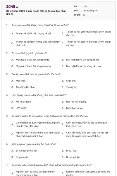 Đề kiểm tra GDCD 8 giữa học kì 2(2) có đáp án (Mới nhất) (Đề 4)