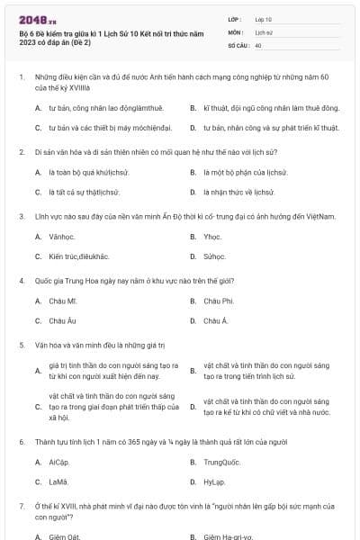 Bộ 6 Đề kiểm tra giữa kì 1 Lịch Sử 10 Kết nối tri thức năm 2023 có đáp án (Đề 2)