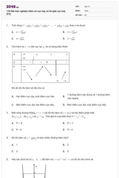 134 Bài trắc nghiệm Hàm số cực hay có lời giải cực hay (P2)