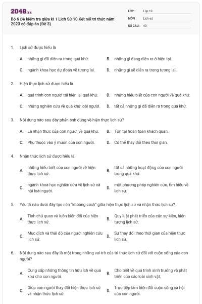 Bộ 6 Đề kiểm tra giữa kì 1 Lịch Sử 10 Kết nối tri thức năm 2023 có đáp án (Đề 3)