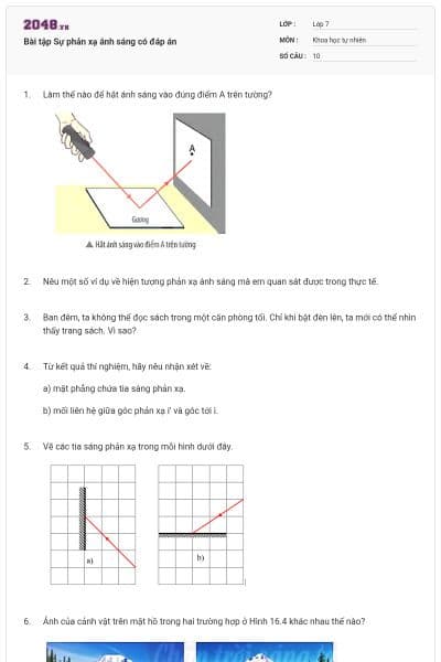 Bài tập Sự phản xạ ánh sáng có đáp án