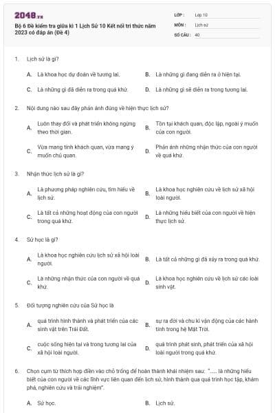 Bộ 6 Đề kiểm tra giữa kì 1 Lịch Sử 10 Kết nối tri thức năm 2023 có đáp án (Đề 4)
