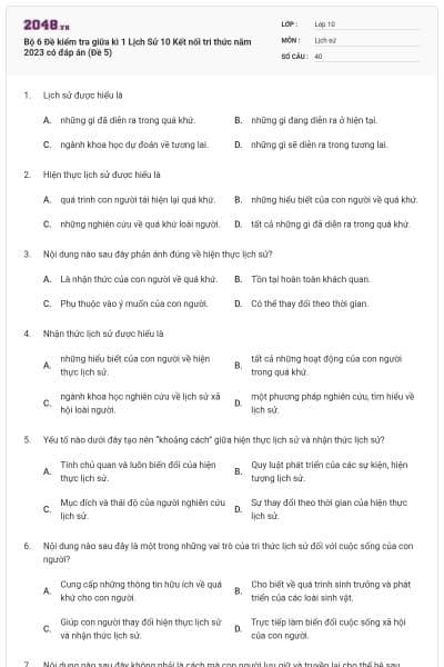 Bộ 6 Đề kiểm tra giữa kì 1 Lịch Sử 10 Kết nối tri thức năm 2023 có đáp án (Đề 5)