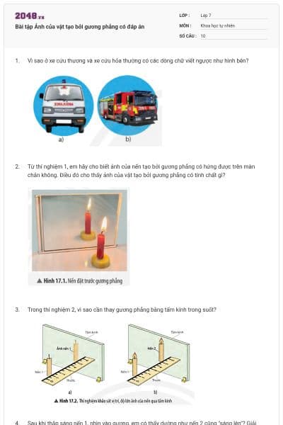 Bài tập Ảnh của vật tạo bởi gương phẳng có đáp án