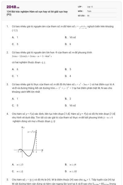 134 Bài trắc nghiệm Hàm số cực hay có lời giải cực hay (P3)