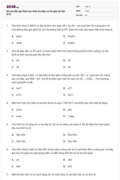 80 câu Bài tập Hình học Khối đa diện có lời giải chi tiết (P3)