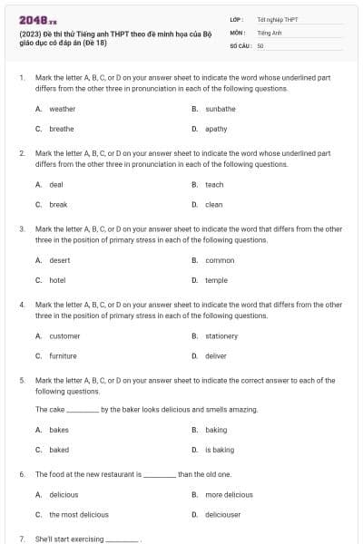 (2023) Đề thi thử Tiếng anh THPT theo đề minh họa của Bộ giáo dục có đáp án (Đề 18)