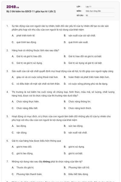 Bộ 3 Đề kiểm tra GDCD 11 giữa học kì I (đề 2)