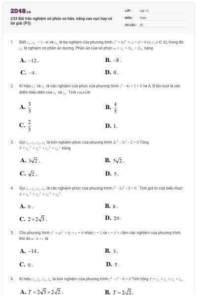 233 Bài trắc nghiệm số phức cơ bản, nâng cao cực hay có lời giải (P3)