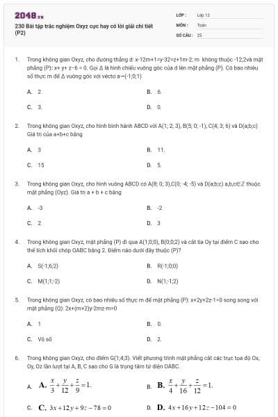 230 Bài tập trắc nghiệm Oxyz cực hay có lời giải chi tiết (P2)