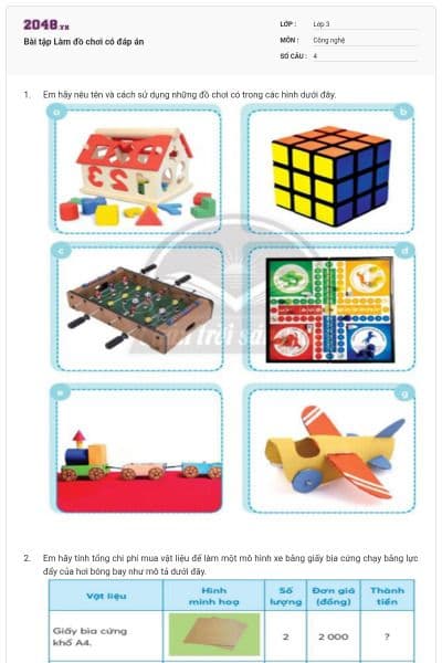 Bài tập Làm đồ chơi có đáp án
