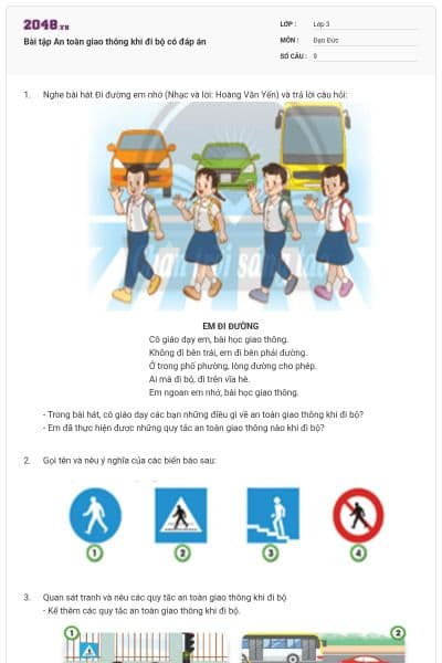 Bài tập An toàn giao thông khi đi bộ có đáp án