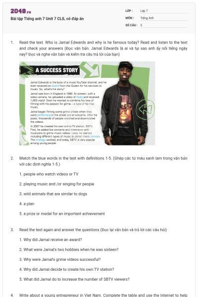 Bài tập Tiếng anh 7 Unit 7 CLIL có đáp án