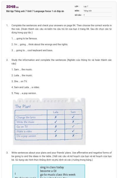 Bài tập Tiếng anh 7 Unit 7 Language focus 1 có đáp án