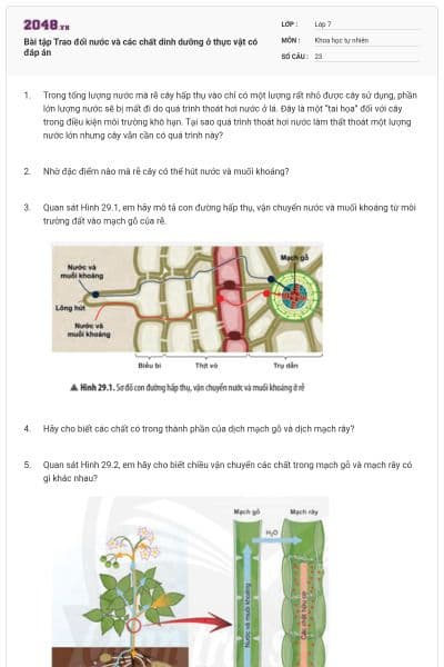 Bài tập Trao đổi nước và các chất dinh dưỡng ở thực vật có đáp án