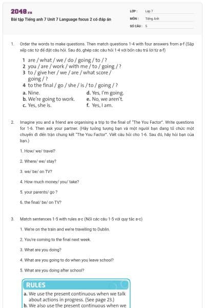 Bài tập Tiếng anh 7 Unit 7 Language focus 2 có đáp án