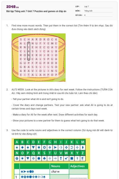 Bài tập Tiếng anh 7 Unit 7 Puzzles and games có đáp án