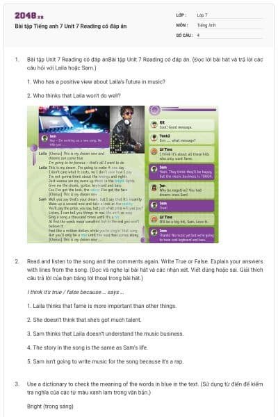 Bài tập Tiếng anh 7 Unit 7 Reading có đáp án