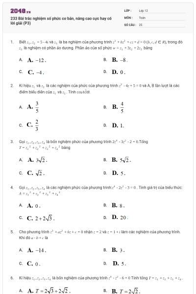 233 Bài trắc nghiệm số phức cơ bản, nâng cao cực hay có lời giải (P3)