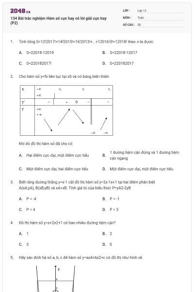 134 Bài trắc nghiệm Hàm số cực hay có lời giải cực hay (P2)