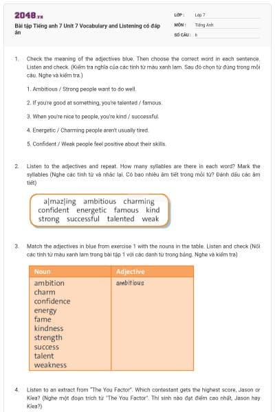 Bài tập Tiếng anh 7 Unit 7 Vocabulary and Listening có đáp án