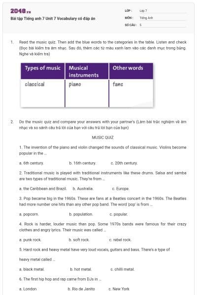 Bài tập Tiếng anh 7 Unit 7 Vocabulary có đáp án