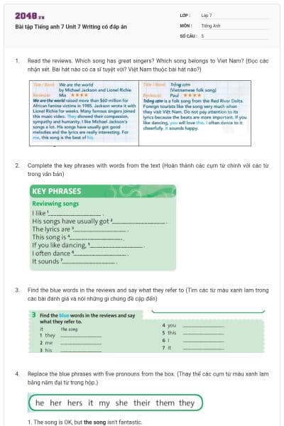 Bài tập Tiếng anh 7 Unit 7 Writing có đáp án
