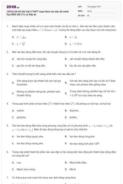 (2023) Đề thi thử Vật lí THPT soạn theo ma trận đề minh họa BGD (Đề 21) có đáp án