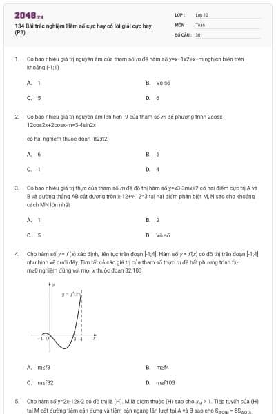 134 Bài trắc nghiệm Hàm số cực hay có lời giải cực hay (P3)