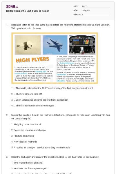 Bài tập Tiếng anh 7 Unit 8 CLIL có đáp án