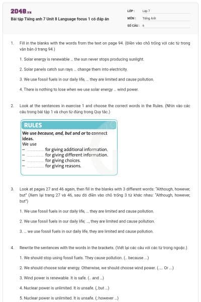 Bài tập Tiếng anh 7 Unit 8 Language focus 1 có đáp án