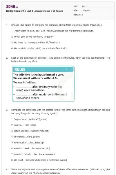 Bài tập Tiếng anh 7 Unit 8 Language focus 2 có đáp án