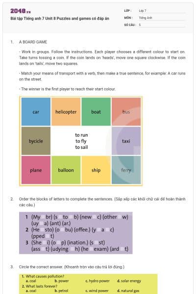 Bài tập Tiếng anh 7 Unit 8 Puzzles and games có đáp án