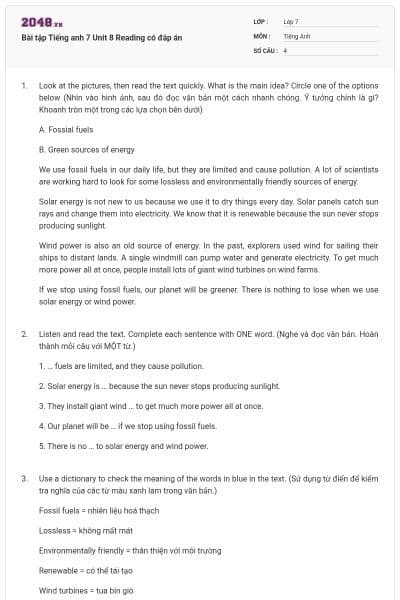 Bài tập Tiếng anh 7 Unit 8 Reading có đáp án
