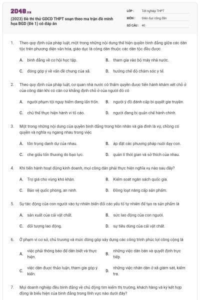 (2023) Đề thi thử GDCD THPT soạn theo ma trận đề minh họa BGD (Đề 1) có đáp án
