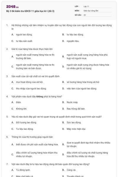 Bộ 3 Đề kiểm tra GDCD 11 giữa học kì I (đề 3)