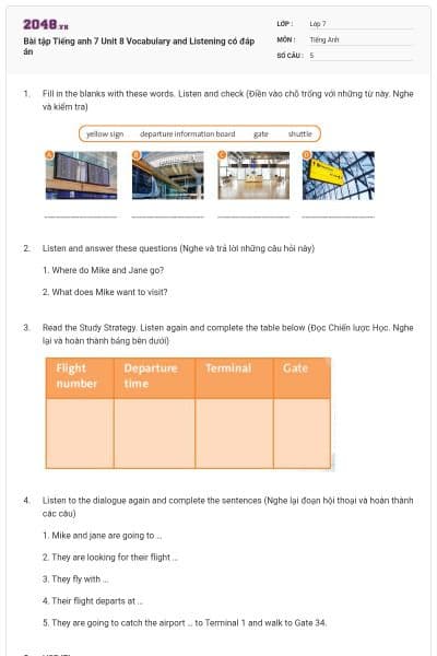 Bài tập Tiếng anh 7 Unit 8 Vocabulary and Listening có đáp án