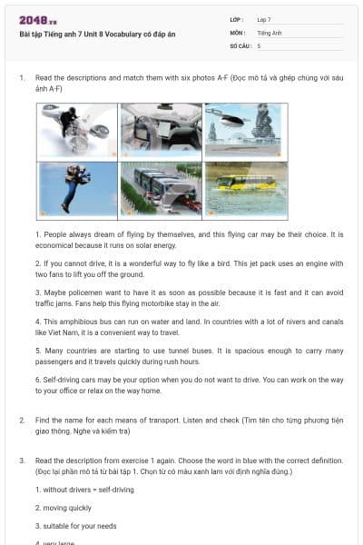 Bài tập Tiếng anh 7 Unit 8 Vocabulary có đáp án