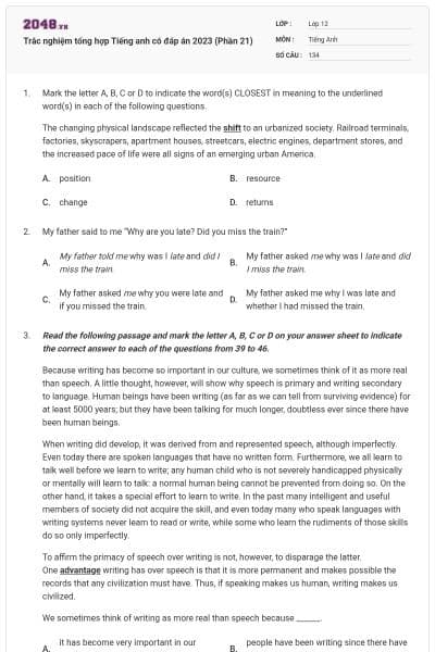 Trắc nghiệm tổng hợp Tiếng anh có đáp án 2023 (Phần 21)