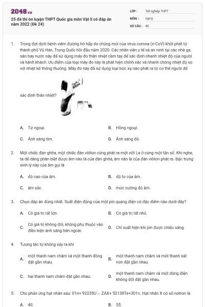 25 đề thi ôn luyện THPT Quốc gia môn Vật lí có đáp án năm 2022 (Đề 24)