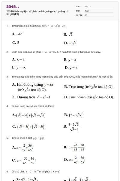 233 Bài trắc nghiệm số phức cơ bản, nâng cao cực hay có lời giải (P5)