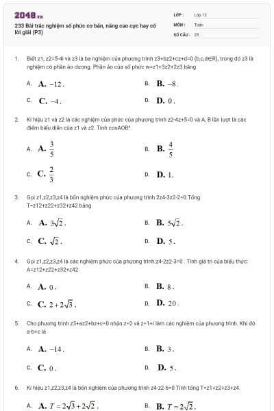 233 Bài trắc nghiệm số phức cơ bản, nâng cao cực hay có lời giải (P3)