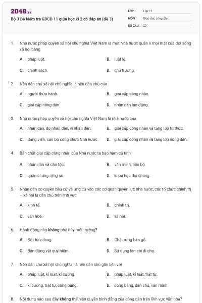 Bộ 3 Đề kiểm tra GDCD 11 giữa học kì 2 có đáp án (đề 3)