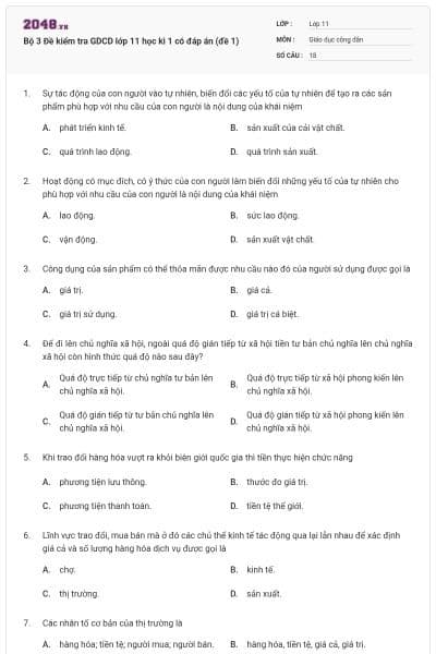 Bộ 3 Đề kiểm tra GDCD lớp 11 học kì 1 có đáp  án (đề 1)