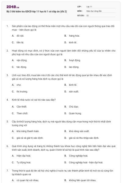 Bộ 3 Đề kiểm tra GDCD lớp 11 học kì 1 có đáp án (đề 2)