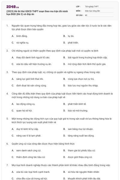 (2023) Đề thi thử GDCD THPT soạn theo ma trận đề minh họa BGD (Đề 2) có đáp án