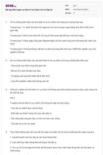 Bài tập Rèn luyện sự kiên trì và chăm chỉ có đáp án