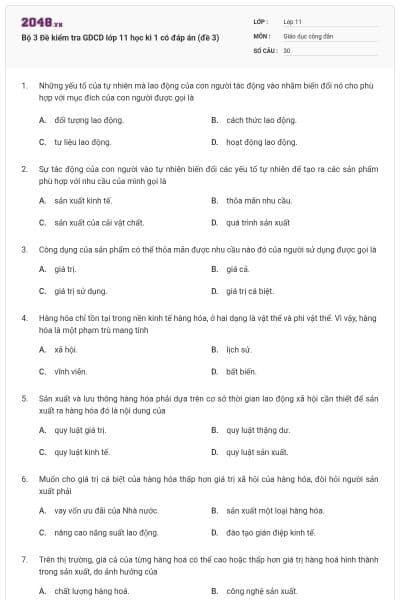 Bộ 3 Đề kiểm tra GDCD lớp 11 học kì 1 có đáp án (đề 3)